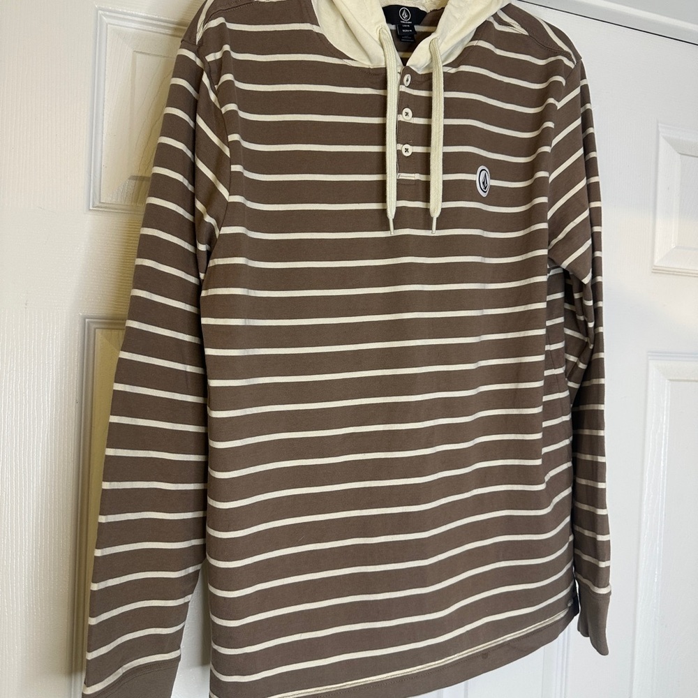 Volcom Striped Hooded Henley Pullover Hoodie Brown Cream Men’s Medium  NWOT